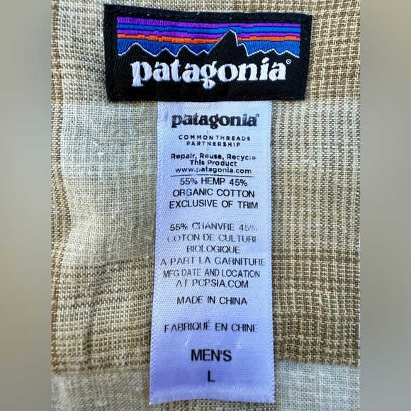 Patagonia Men’s Hemp Cotton Plaid Shirt L Short Sleeve Button-Down Tan - Picture 5 of 10